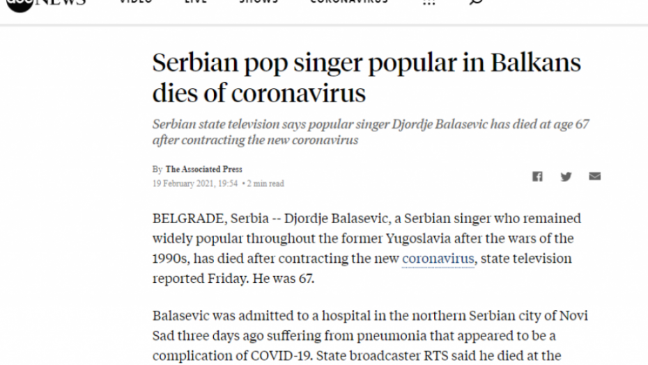 Američki mediji o smrti Balaševića