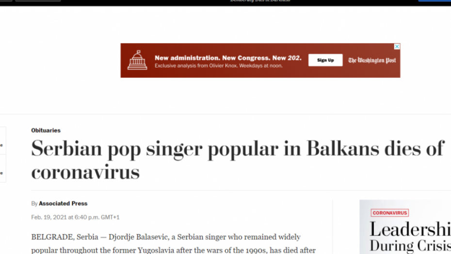 Američki mediji o smrti Balaševića