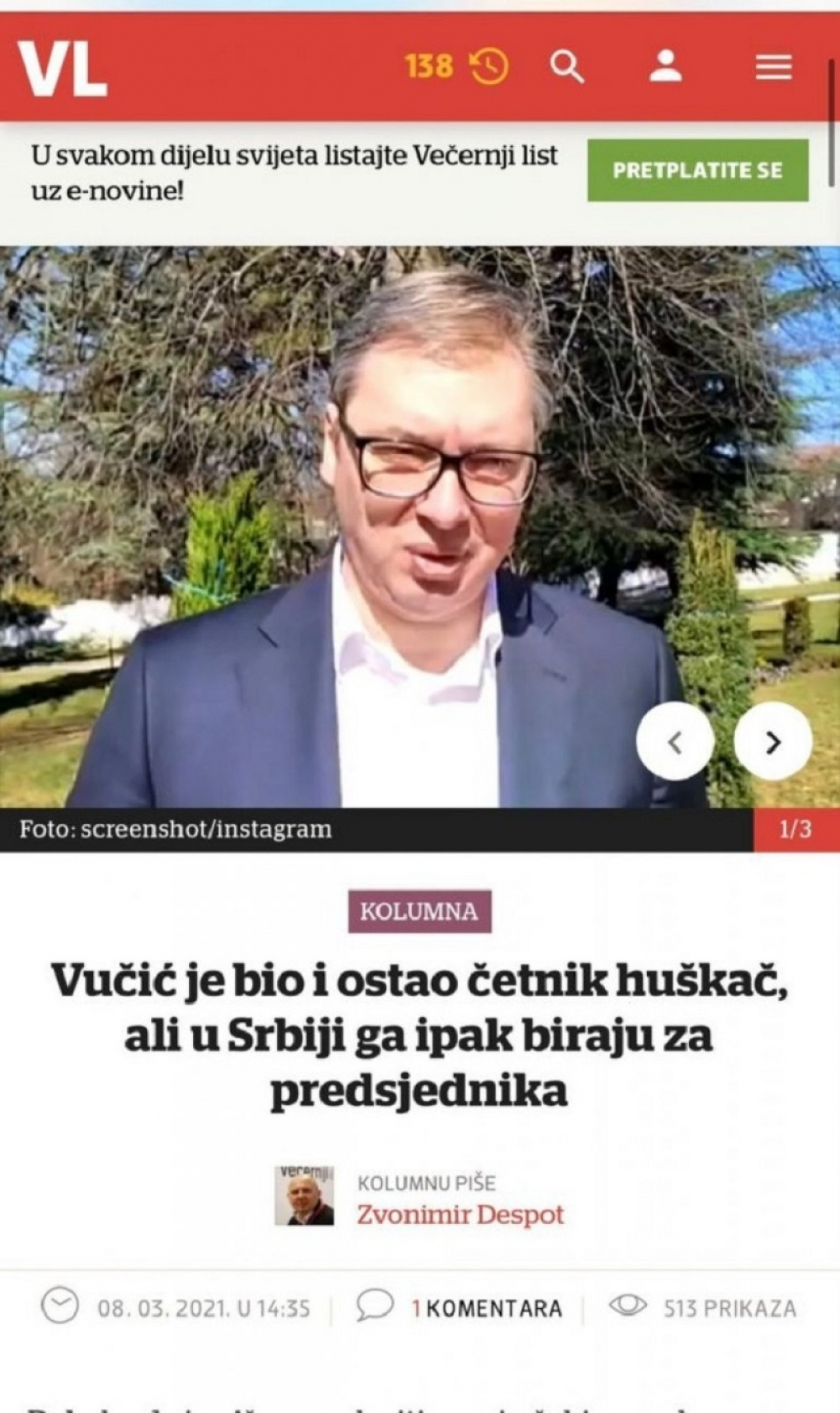 Deo teksta u Večernjem listu
