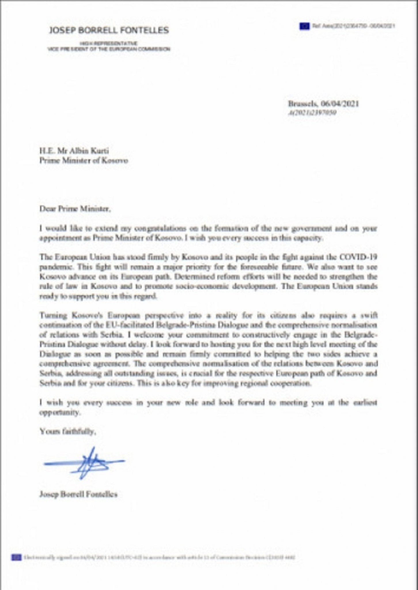 Pismo šefa EU upućeno Kurtiju