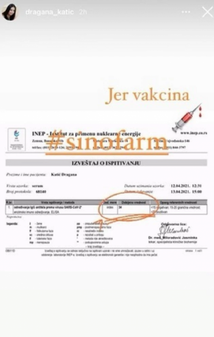 Dragana Katić nakon primljenje kineske vakcine izvadila antitela i objavila rezultate! (FOTO)