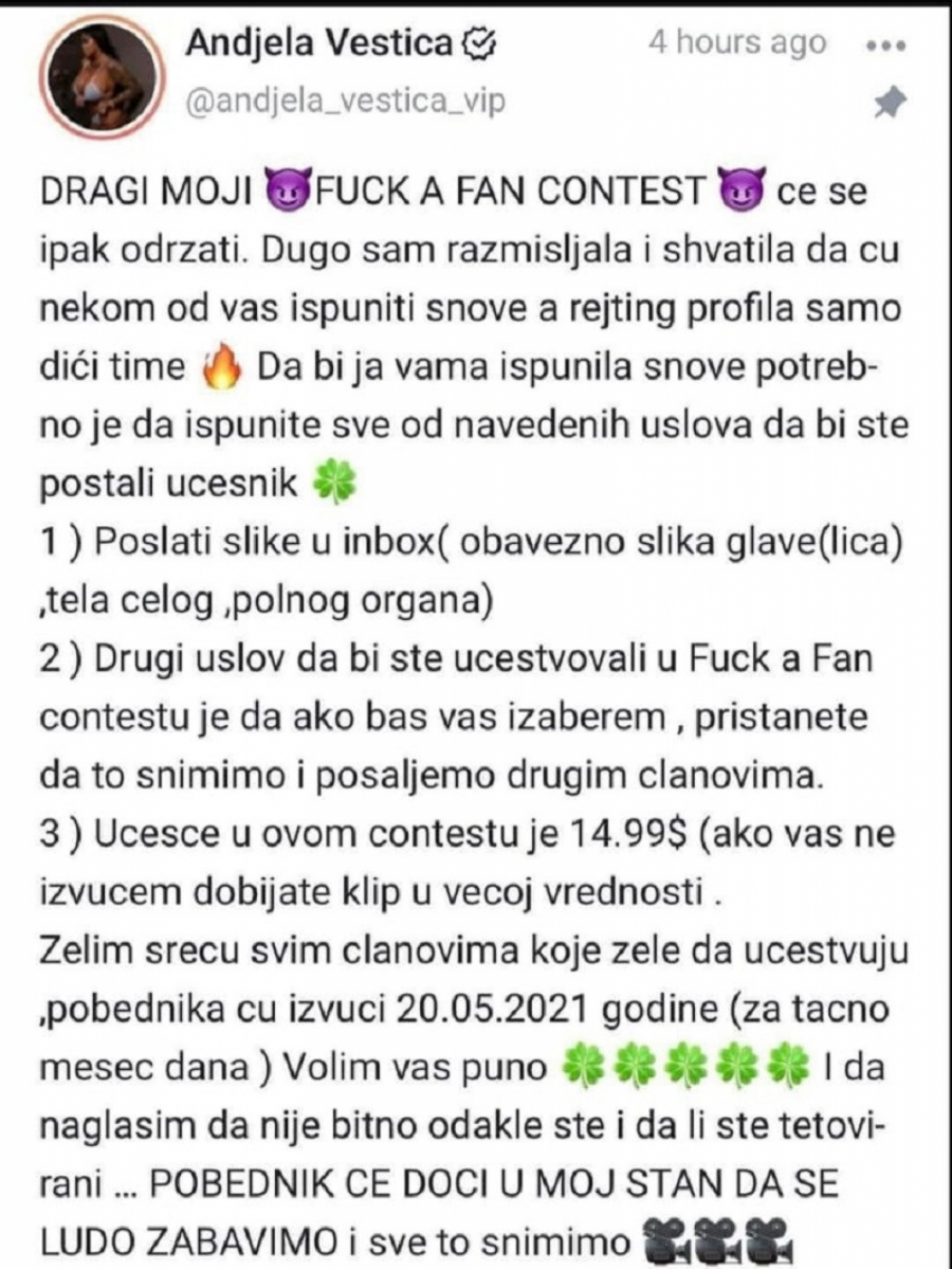 KAKVA PORUKA SE ŠALJE OMLADINI?! Bez stida i srama: Anđela Veštica javno poziva muškarce da joj šalju polne organe i da se snimaju dok imaju se*s, a sve to bi još i da im naplati! (FOTO)