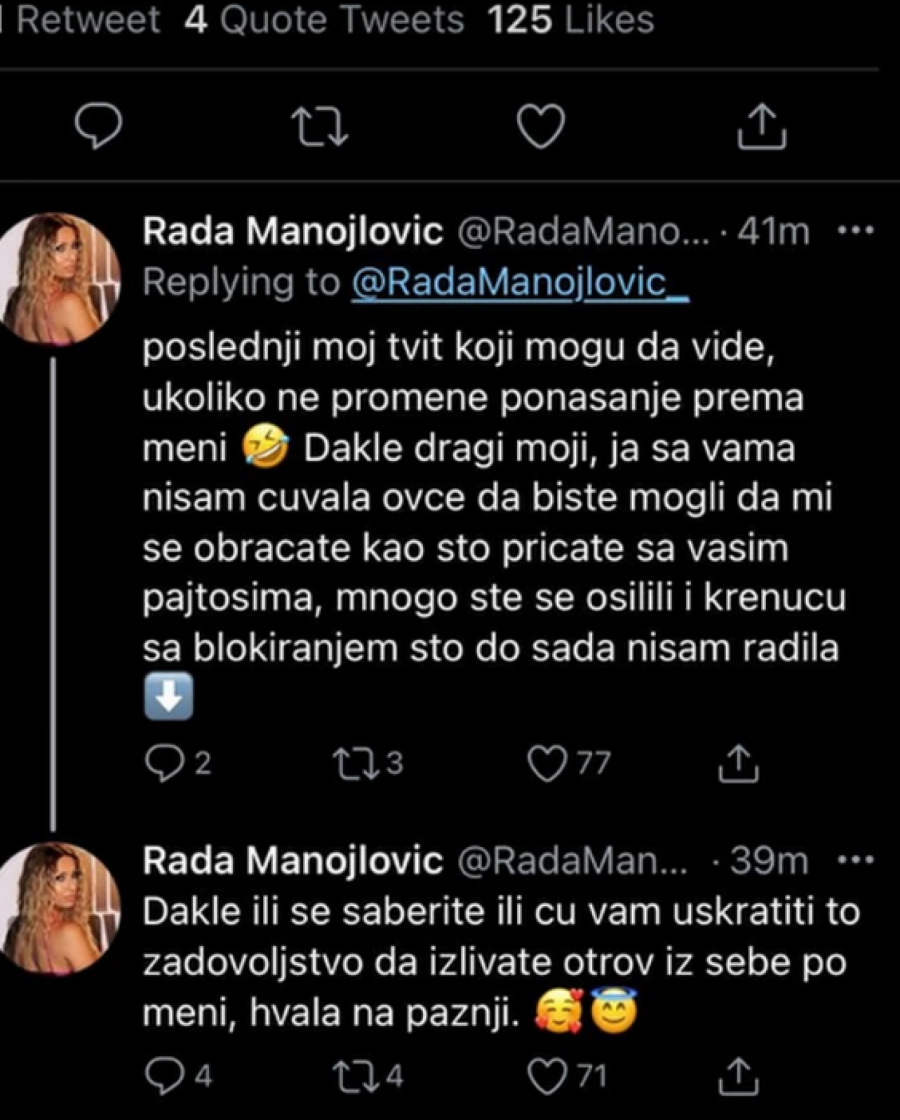 NISAM JA S VAMA OVCE ČUVALA Besna kao ris Rada Manojlović se obratila fanovima, pa im bez dlake na jeziku javno zapretila!