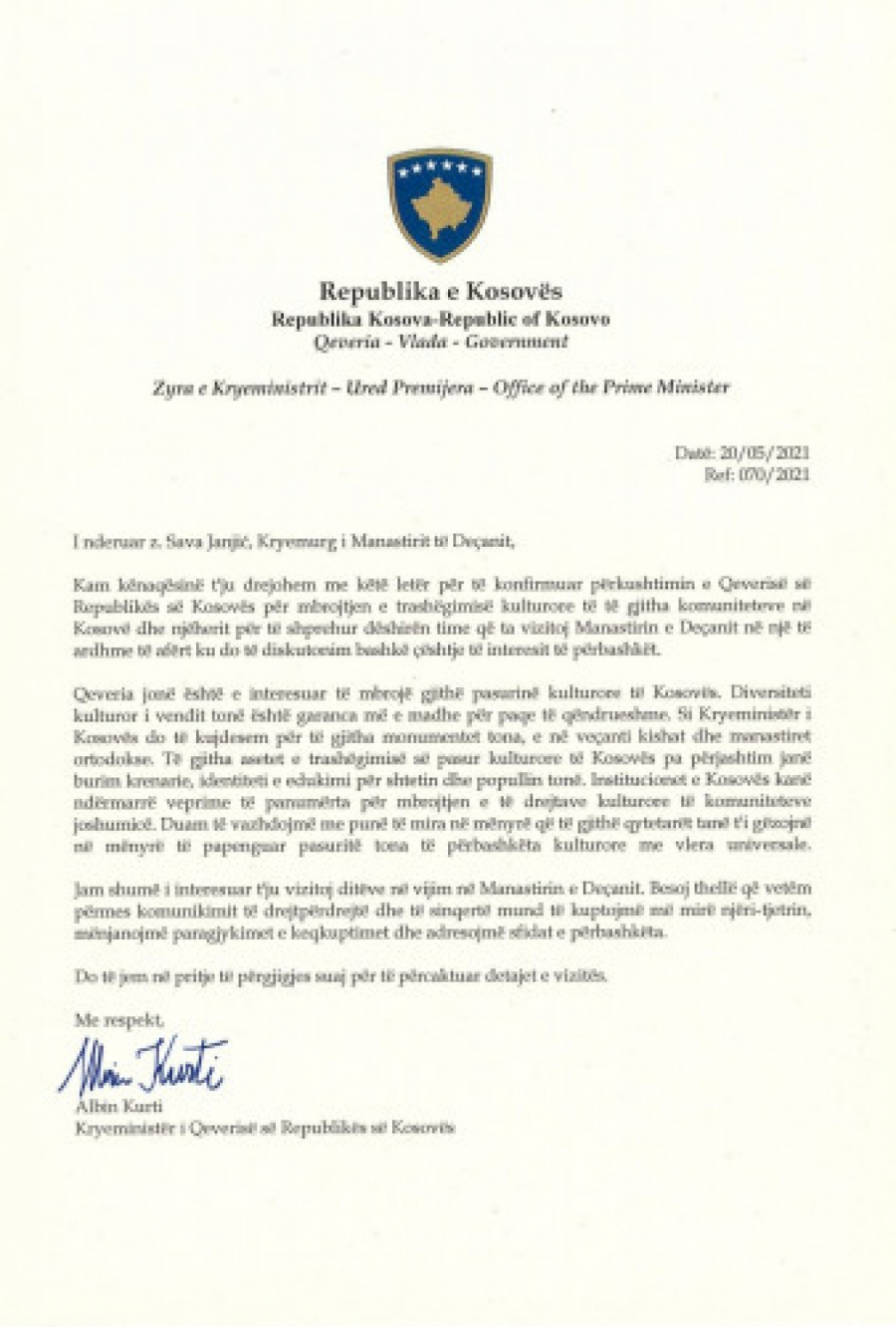 Kurti pisao igumanu Savi Janjiću