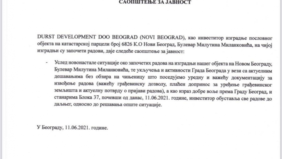 NA VESIĆEVU MOLBU Investitor obustavio radove u Bulevaru Milutina Milankovića (FOTO/VIDEO)