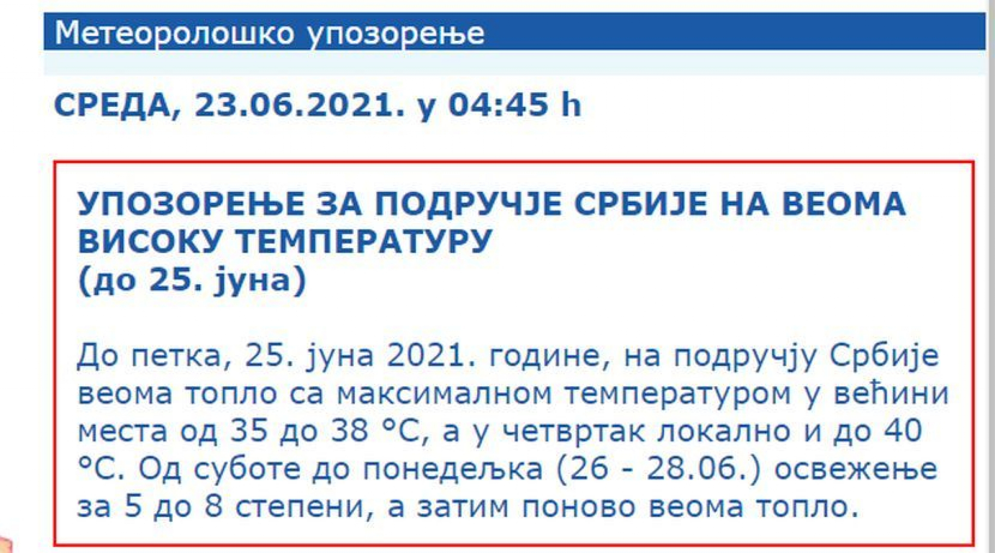 RHMZ izdao najnovije upozorenje: I danas važi narandžasti meteoalarm, očekuju se tropske temperature do +38!