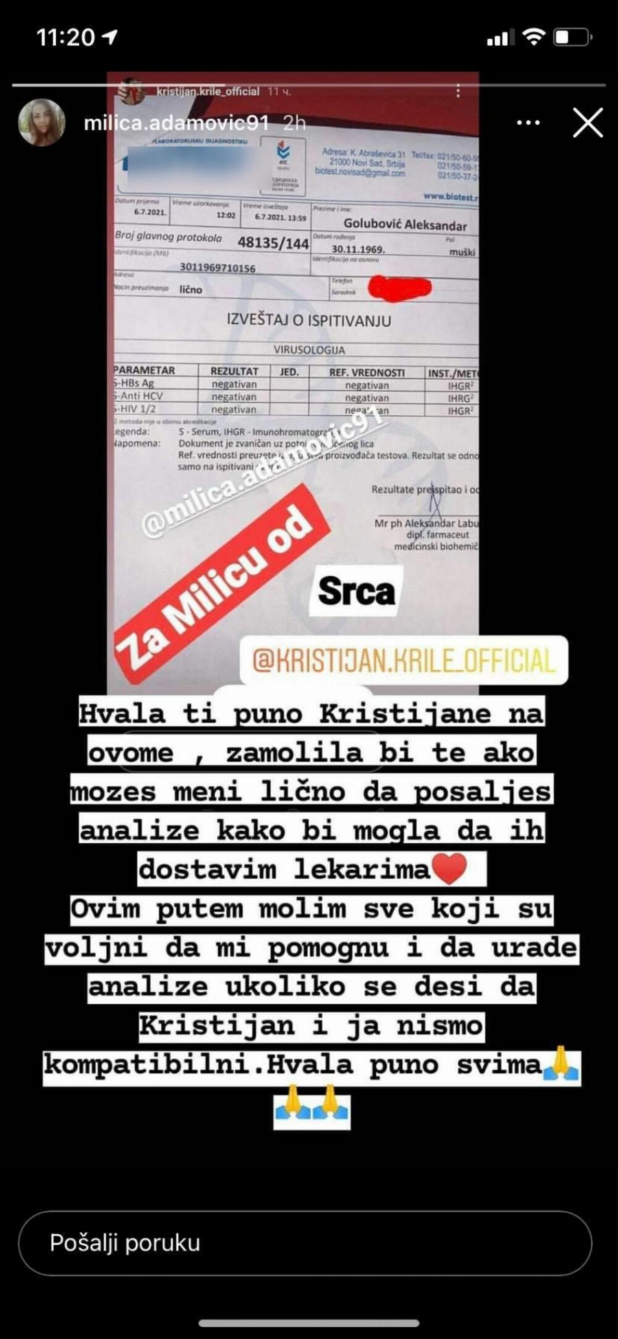 HVALA TI PUNO, KRISTIJANE! Milica se javno zahvalila Goluboviću nakon što je uradio analize za transplataciju bubrega, uputila mu dirljive reči