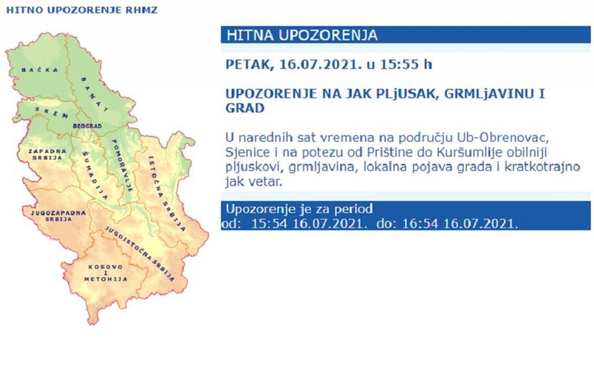 NOVO HITNO UPOZORENJE RHMZ-A Pljuskovi, grmljavina i grad pogodiće četiri područja u narednih sat vremena, vodostaji reka će porasti