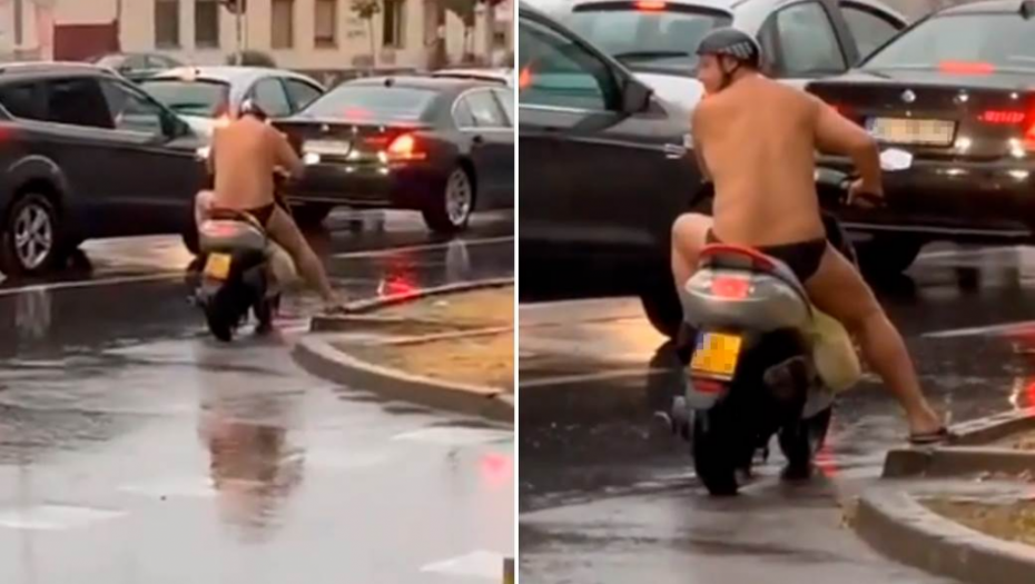 ČOVEČE DA LI SI GLEDAO PROGNOZU? Kiša lije, a pogledajte kako se ON spremio za vožnju skuterom (VIDEO)