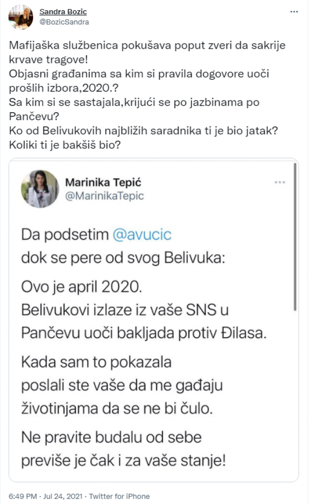 SANDRA BOŽIĆ RASKRINKALA MARINIKU Sa kim si se sastajala po jazbinama po Pančevu? Ko od Belivukovih najbližih saradnika ti je bio jatak?