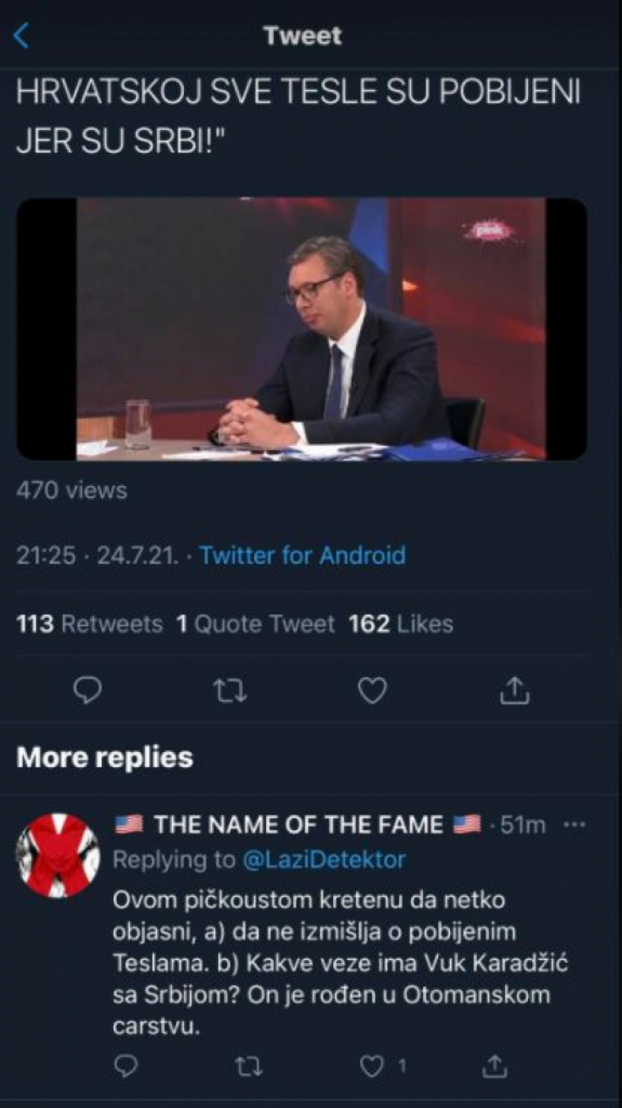 VUČIĆ NA METI USTAŠA, RAZOTKRIO SUŠTINU HRVATSKE A kakve veze ima Tesla sa Hrvatskom?! Je l' to ona Hrvatska u kojoj su mu ustaše poklale svu familiju zato što su bili Srbi?