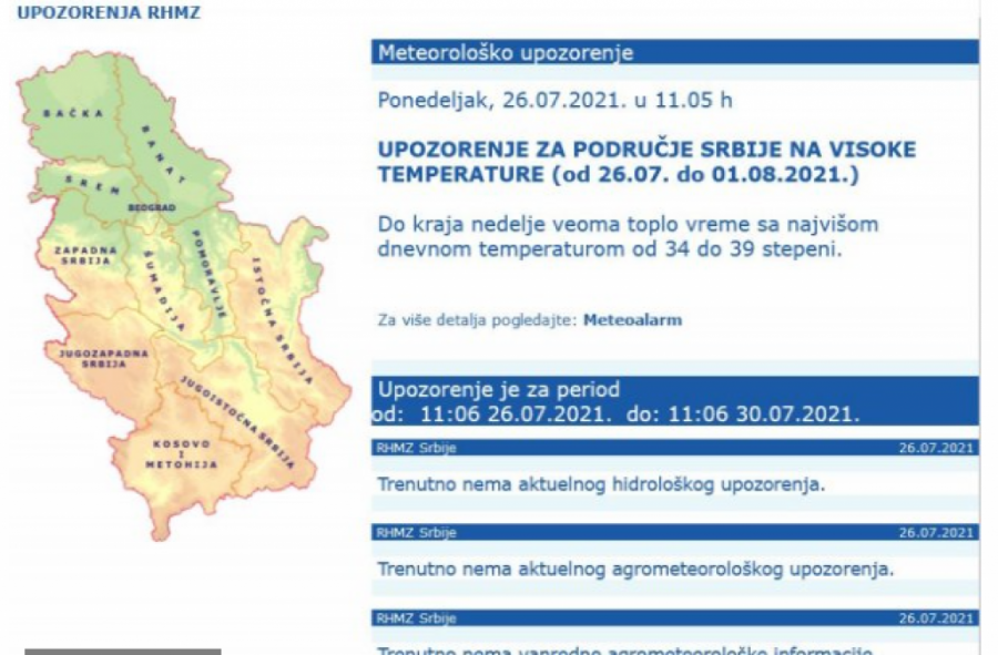 UPOZORENJE RHMZ DO 1. AVGUSTA Najnovija najava na sajtu Zavoda