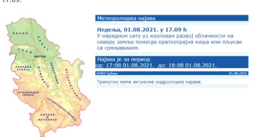 NAJNOVIJA PROGNOZA Stiže osveženje, u narednih sat vremena pljuskovi!