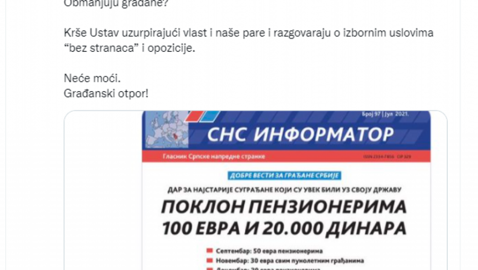 ĐILASOV LUTOVAC BESAN ZBOG POMOĆI NAJSTARIJIM GRAĐANIMA Vučiću ne smeš da daješ pare penzionerima, to je protivustavno! (FOTO)