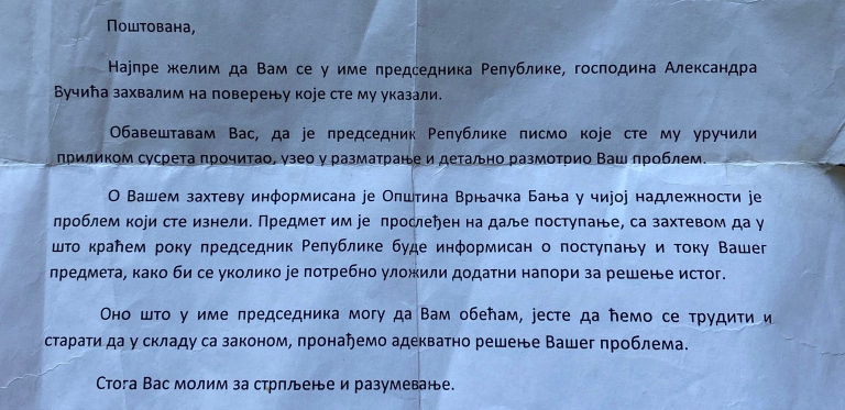 Pismo predsednika Vučića