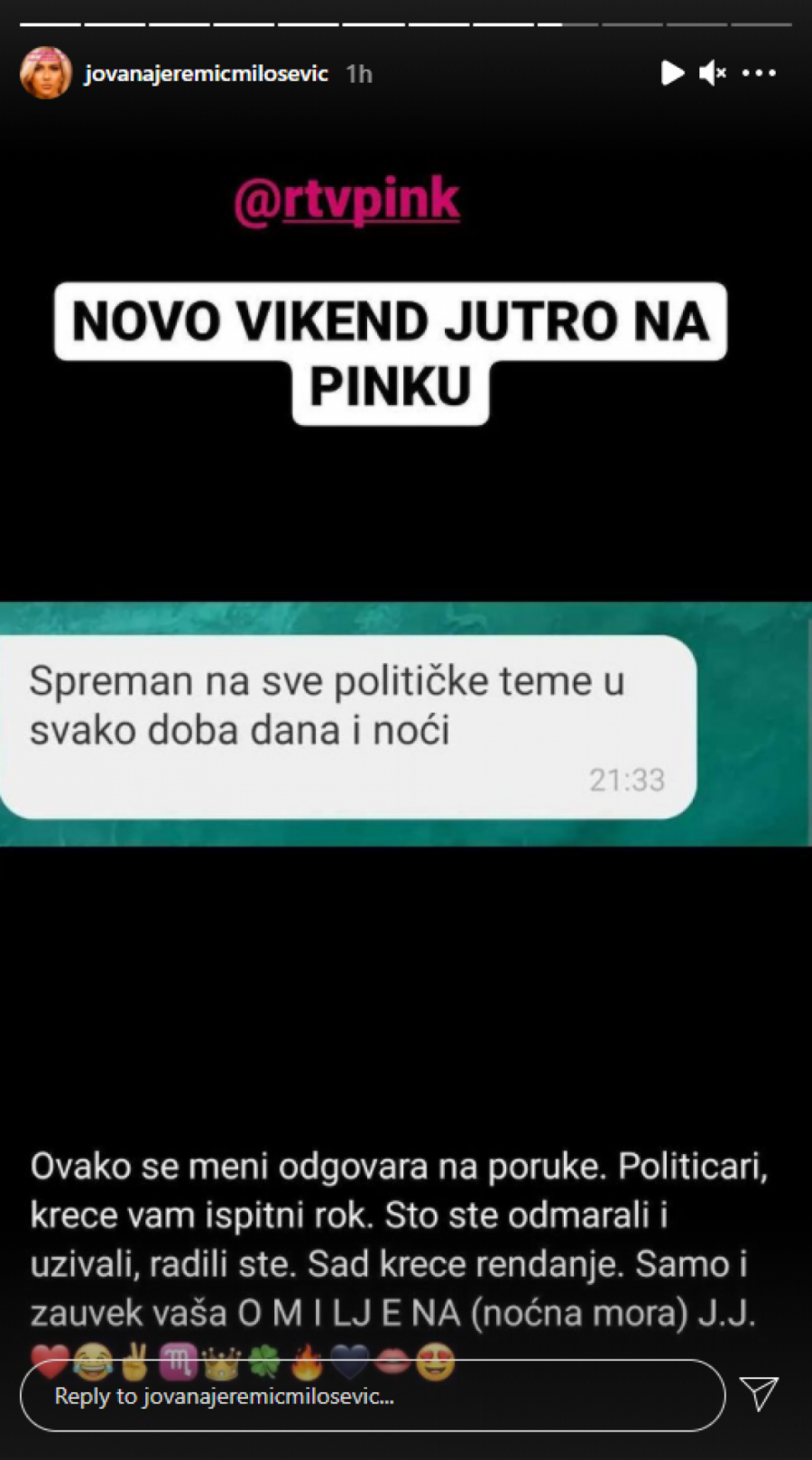SPREMAN SAM U SVAKO DOBA DANA I NOĆI Jovana Jeremić objavila prepisku sa političarem, pa najavila 