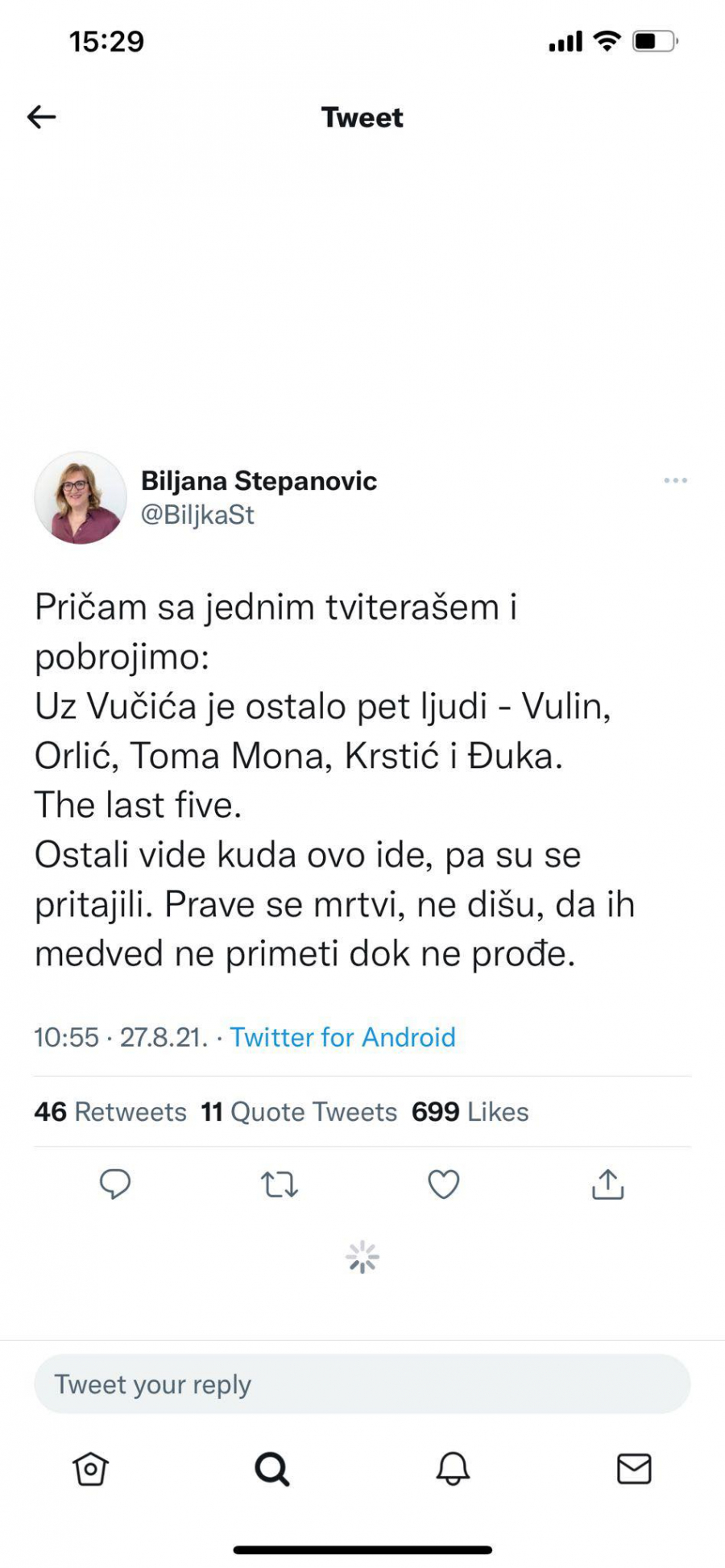 UZ VUČIĆA OSTALO SAMO PETORO LJUDI Nažalost, Đilasova i Miškovićeva poslušnica je u pravu