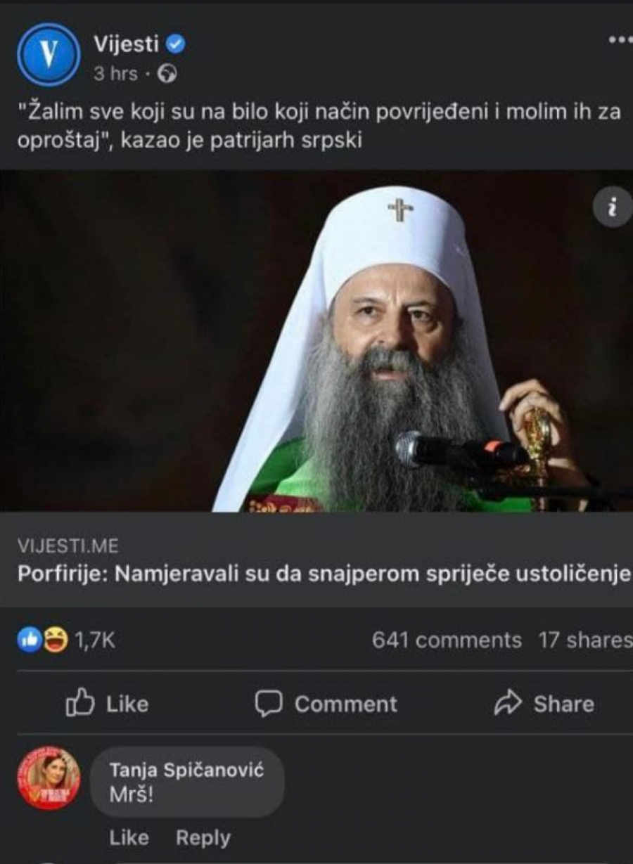 DAMSKI, NEMA DALJE! Milova uzdanica sramnim rečima upućenim patrijarhu Porfiriju opet na visini DPS zadatka