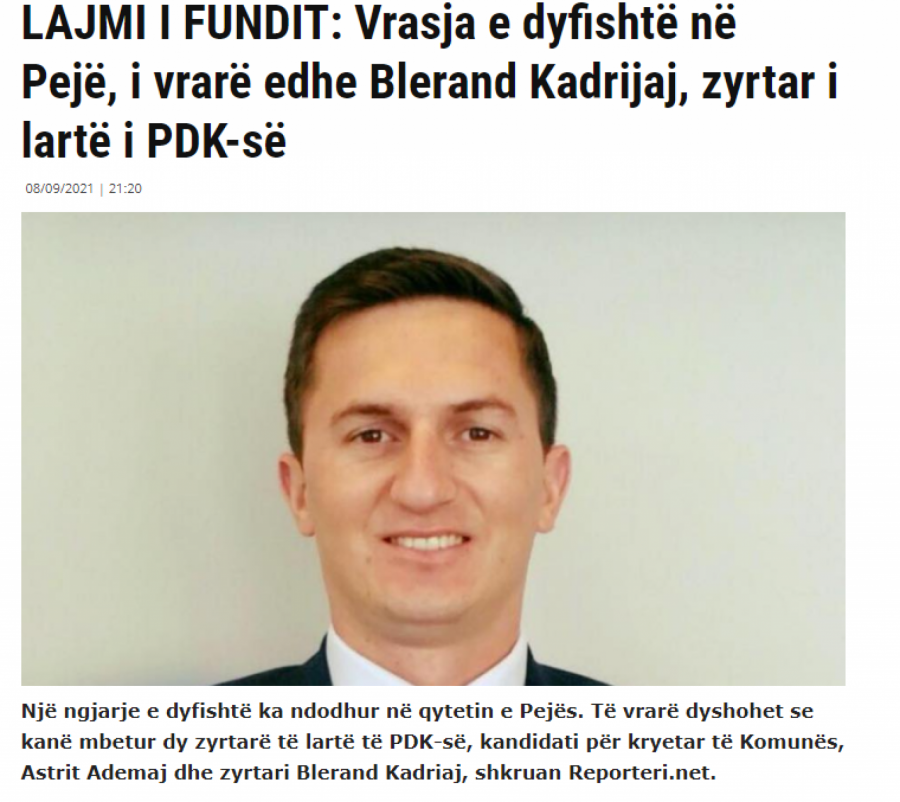 DVOSTRUKO UBISTVO PRED IZBORE Ubijen Astrit Ademaj kandidat za predsednika opštine Peć!