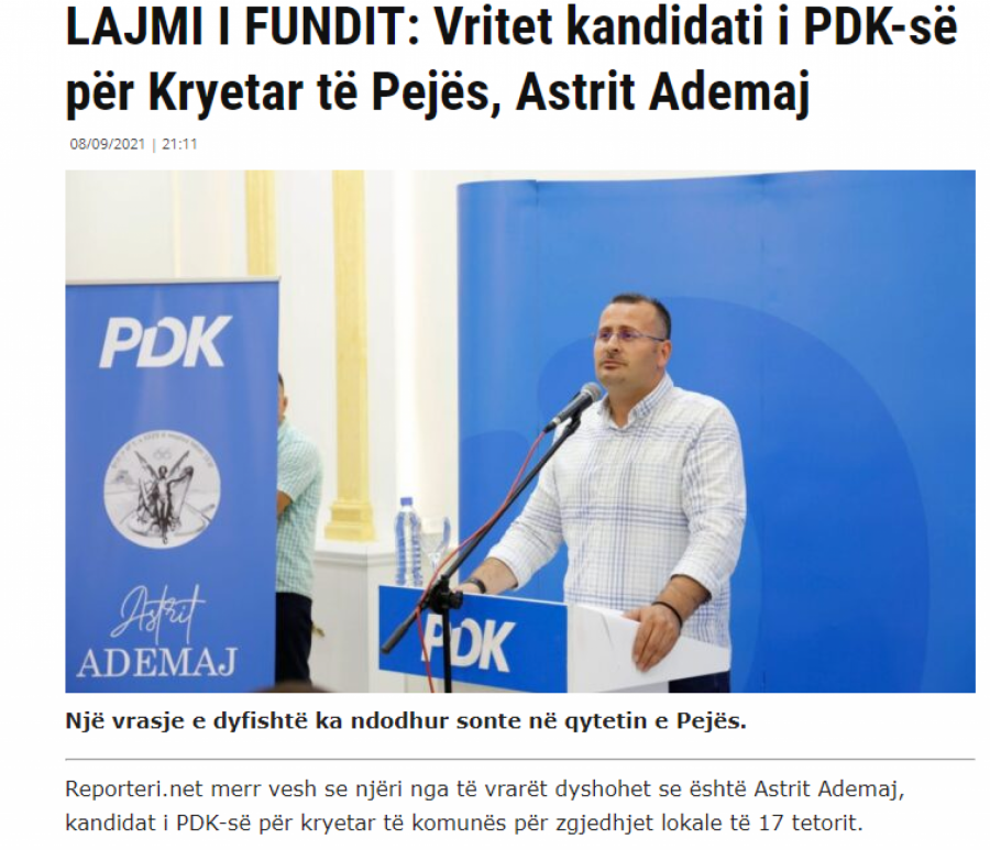 DVOSTRUKO UBISTVO PRED IZBORE Ubijen Astrit Ademaj kandidat za predsednika opštine Peć!