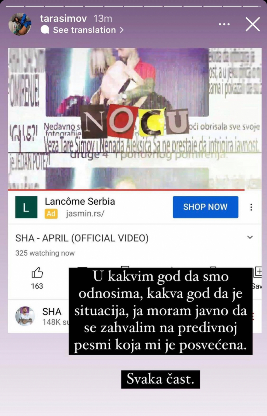 TARA PRESREĆNA JER JOJ JE ŠA POSVETIO PESMU Posle svega mu se obratila ovim rečima!