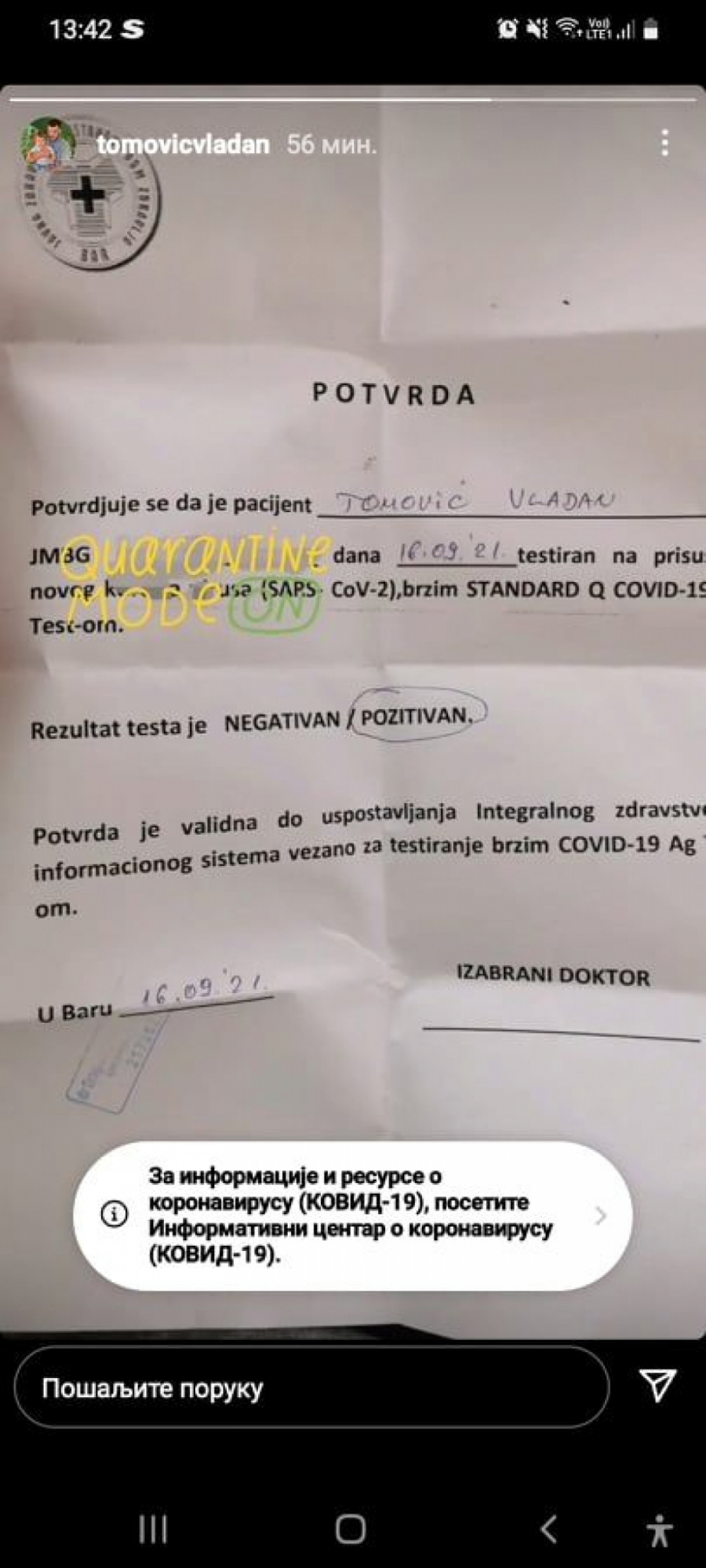 STIGLI REZULTATI Tomović pozitivan na koronu, a evo u kakvom je stanju!