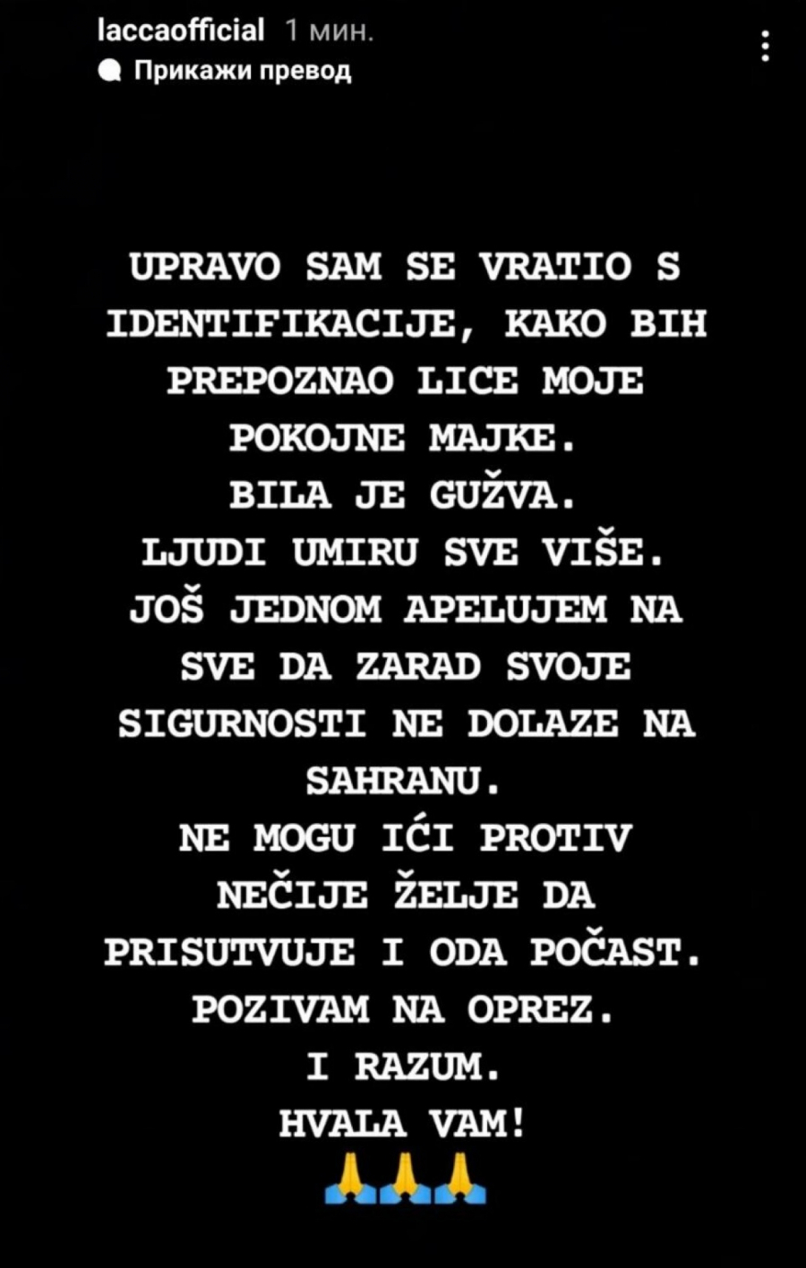 PREPOZNAO SAM LICE MOJE MAJKE Oglasio se Laća i uputio javni apel svima koji žele da urade ovo, poruka Marininog sina slama srca
