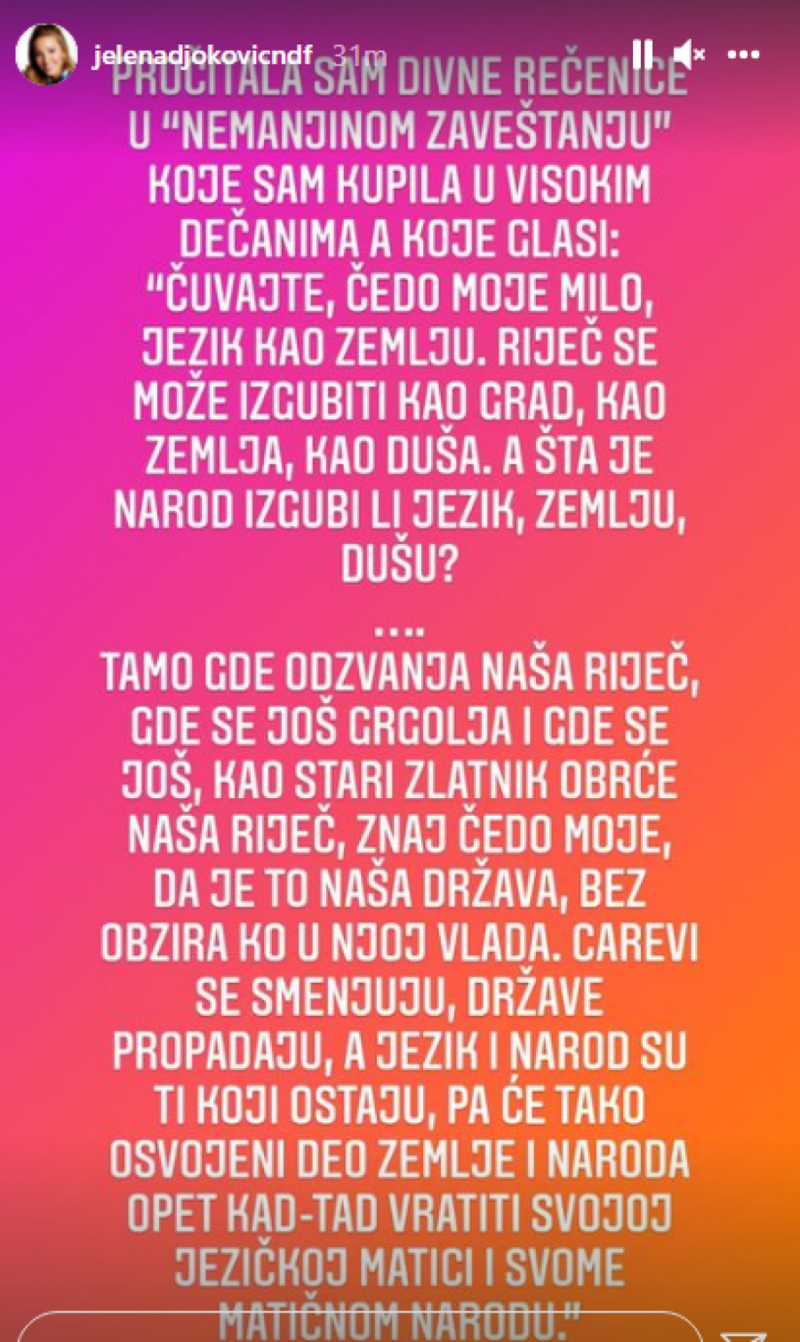 ŠTA JE NAROD KAD IZGUBI ZEMLJU I DUŠU? Jelena Đoković citirala moćne reči Stefana Nemanje!
