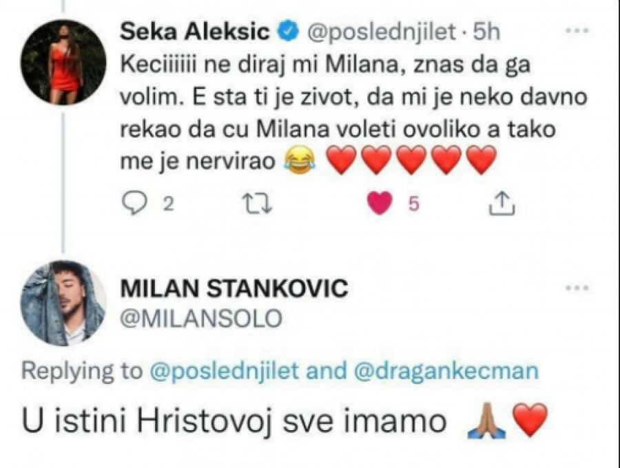 SEKU I MILANA POMIRILA LJUBAV PREMA HRISTU Aleksićeva priznala da nije imala lepo mišljenje o njemu, a sad mu poručila: Brat i sestrica u Hristu!