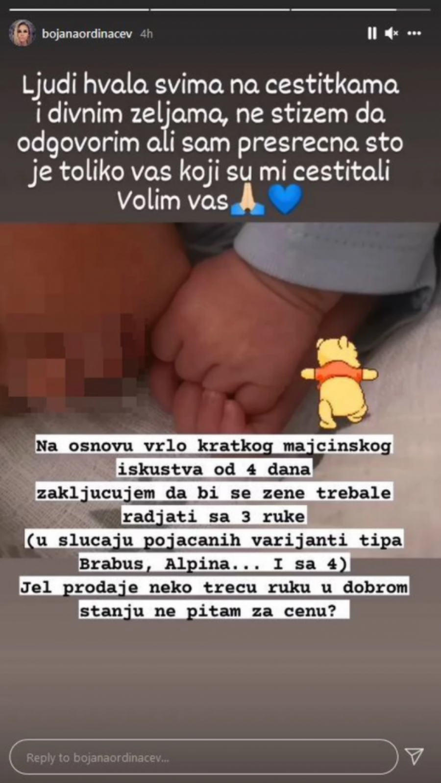 NA OSNOVU KRATKOG ISKUSTVA... Bojana Ordinačev pre 4 dana je postala mama, a sada se oglasila i postavila neobično pitanje!