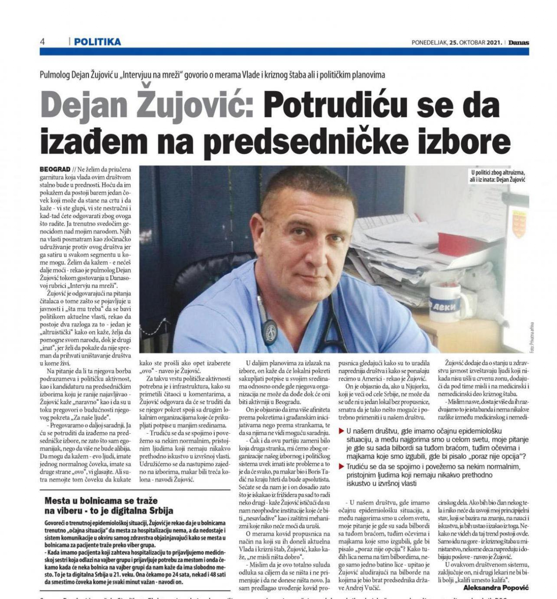 Doktor Dejan Žujović izlazi na predsedničke izbore: Hoću ljudima da ponudim nešto normalno, da nemaju više alibi da kažu 