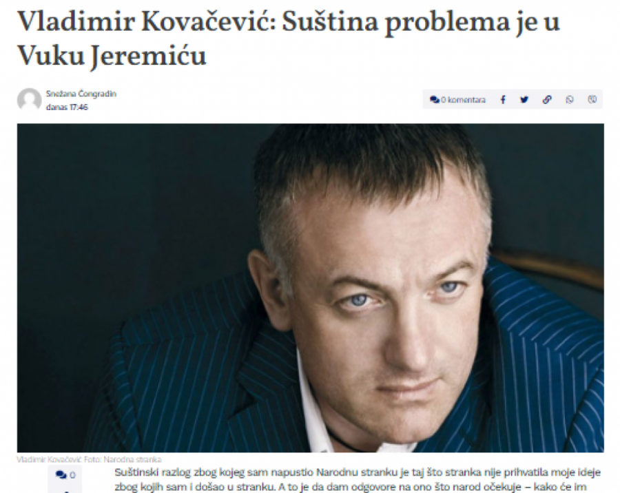 JEREMIĆA DOTUKLA REALNOST Lidera Narodne stranke dojučerašnji saradnik ocrnio u intervjuu za opoziciju