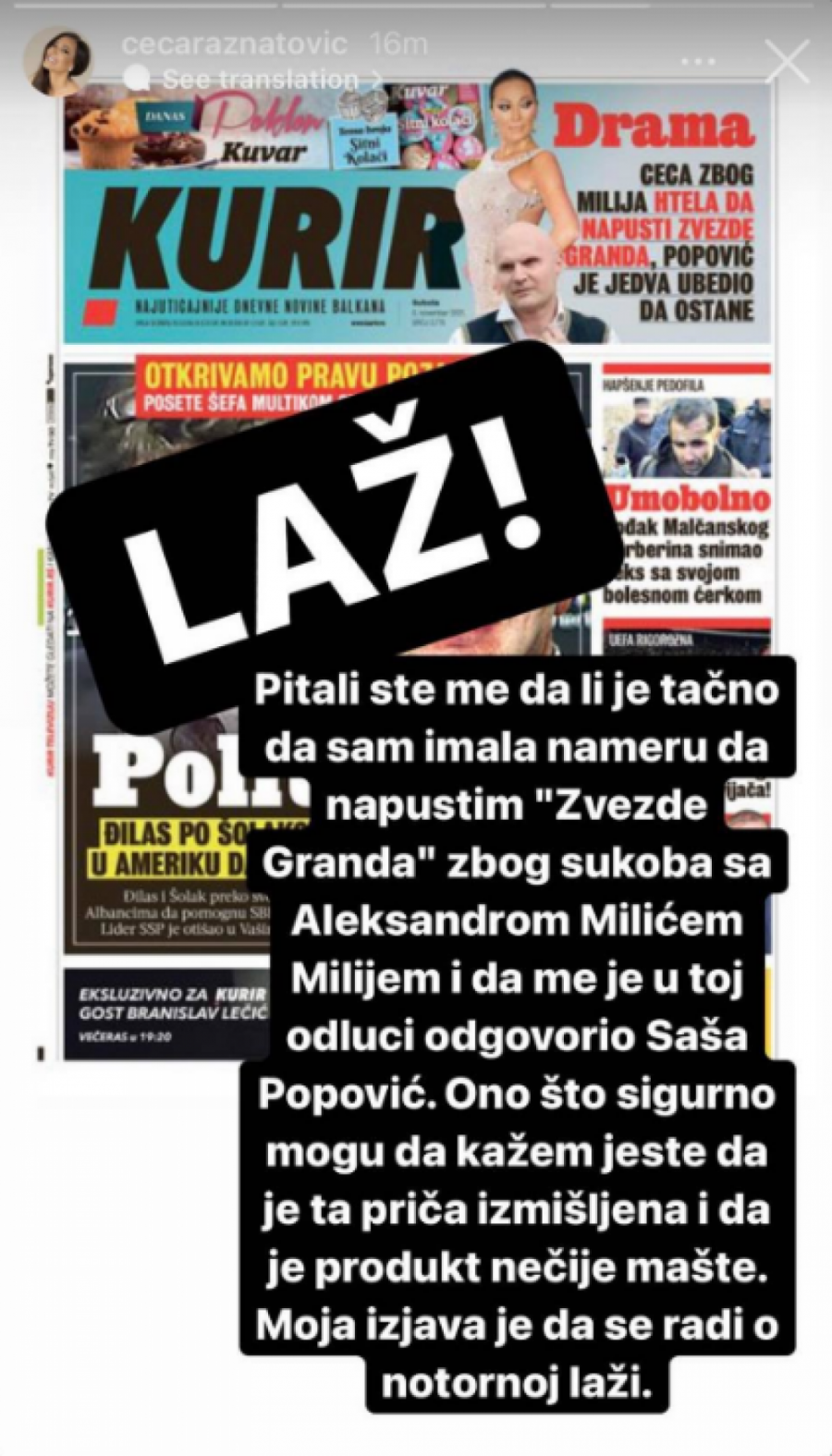 CECA SE OGLASILA! Evo šta je pevačica rekla o sukobu sa Milijem i napuštanju Zvezda Granda