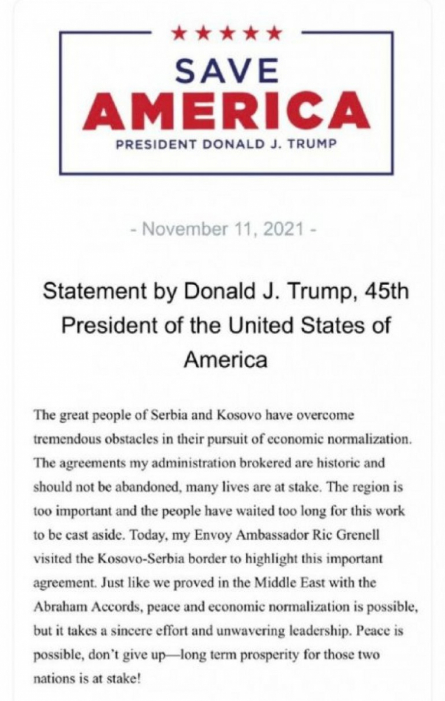 TRAMPOVA PORUKA SRBIMA I ALBANCIMA SA KOSOVA 