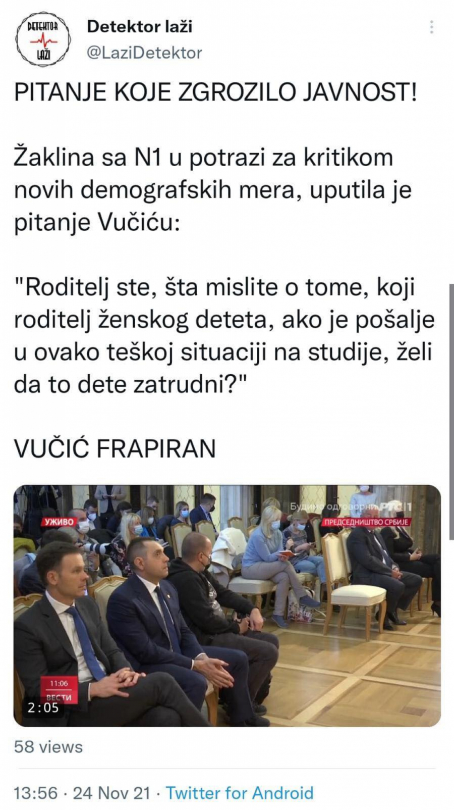 PITANJE SA N1 ZGROZILO JAVNOST Vučić frapiran