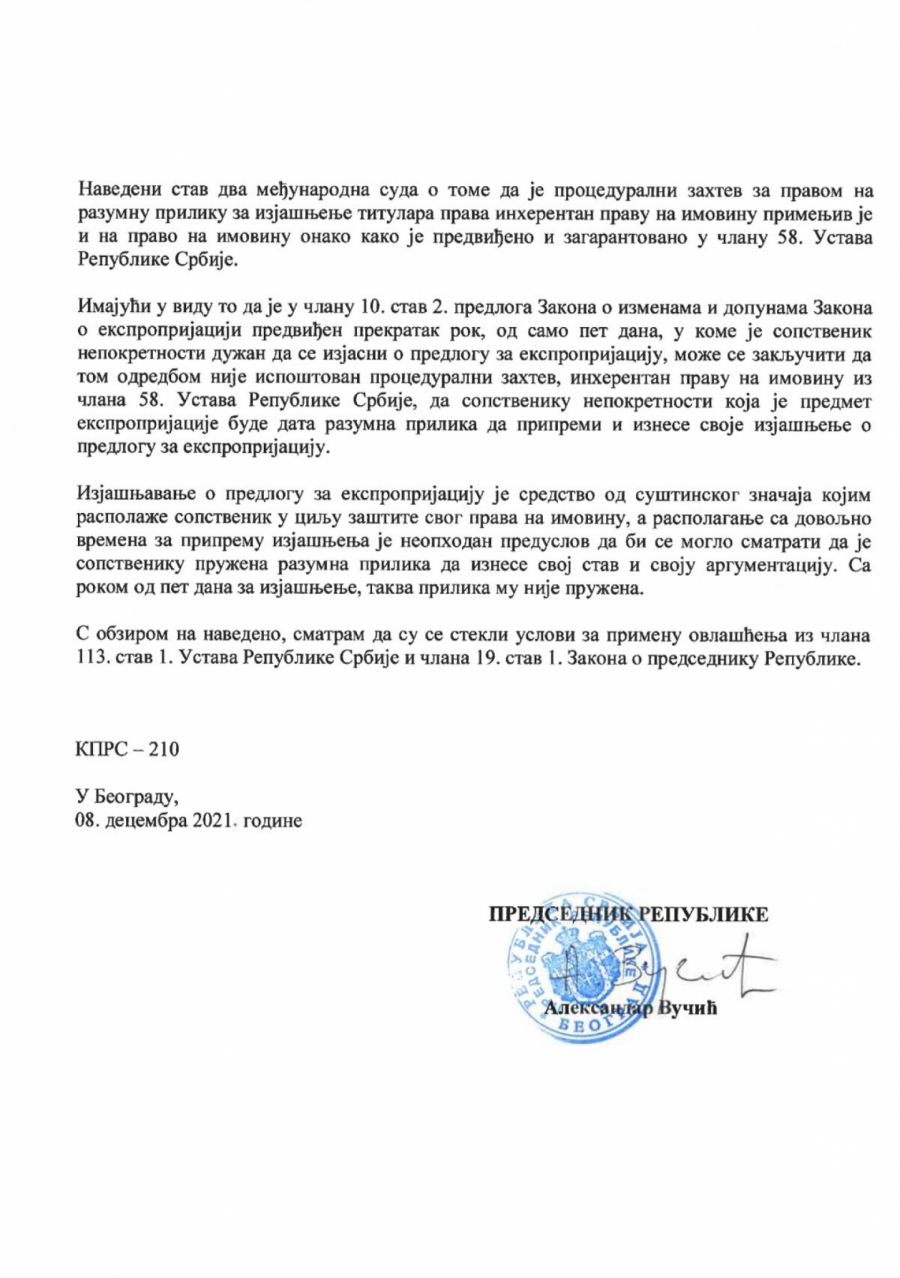 VUČIĆ OBJAVIO ODLUKU O ZAKONU O EKSPROPRIJACIJI: Celo obrazloženje na zvaničnom sajtu predsednika