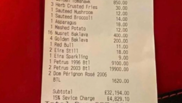 Gosti u restoranu račun platili čak 5.111.980 dinara, bilo ih je četvoro, a evo šta su jeli