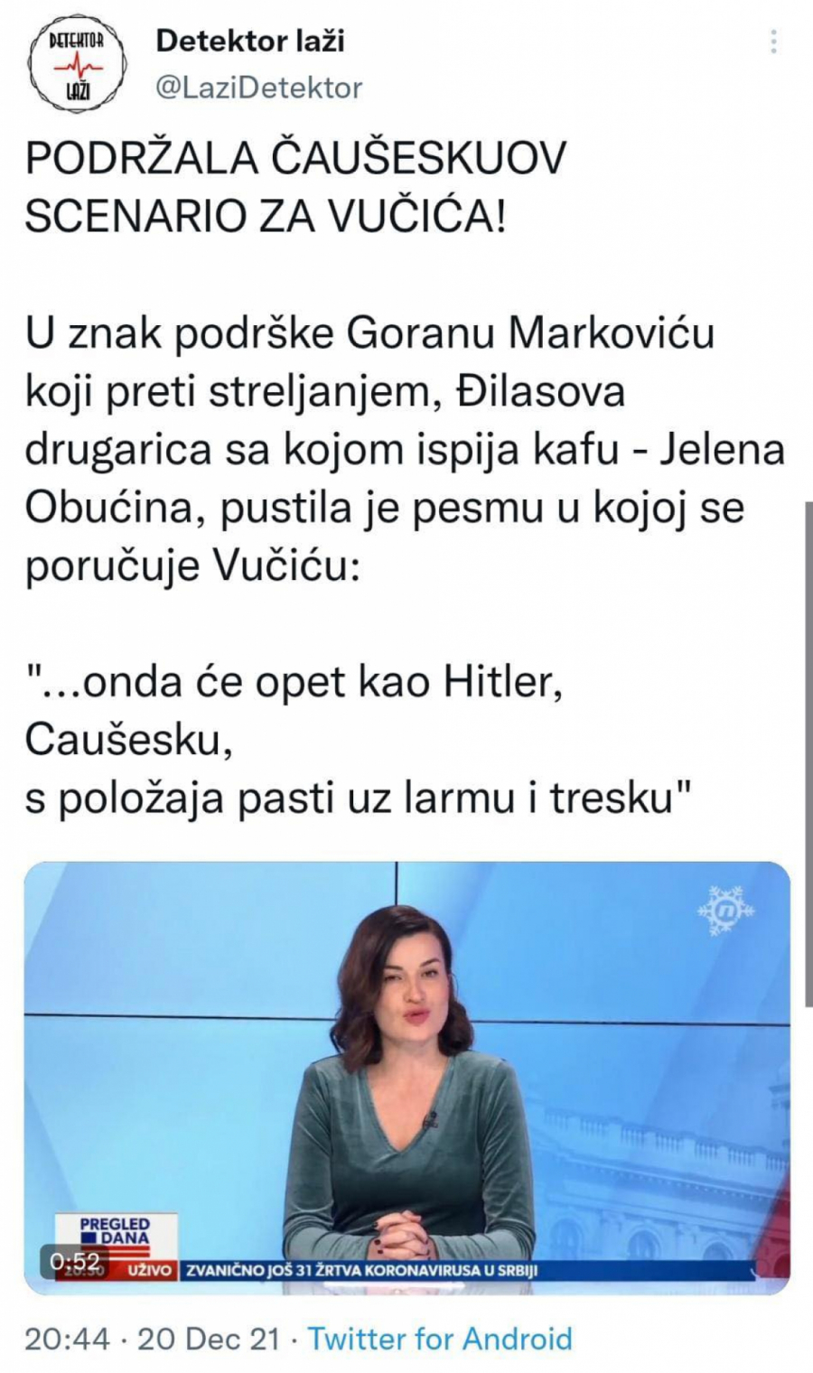 LUDILO MOZGA! Jelena Obućina podržala Čaušeskuov scenario za Vučića! (VIDEO)
