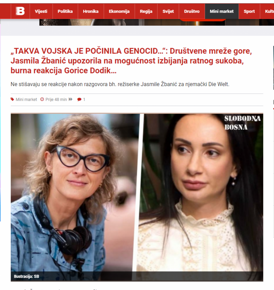 TEPIĆEVA I MARINIKINA JASMILA ŽBANIĆ PORUČUJE Vojska kakvu sada snaži Vučić, počinila je genocid, moramo tome stati na put!