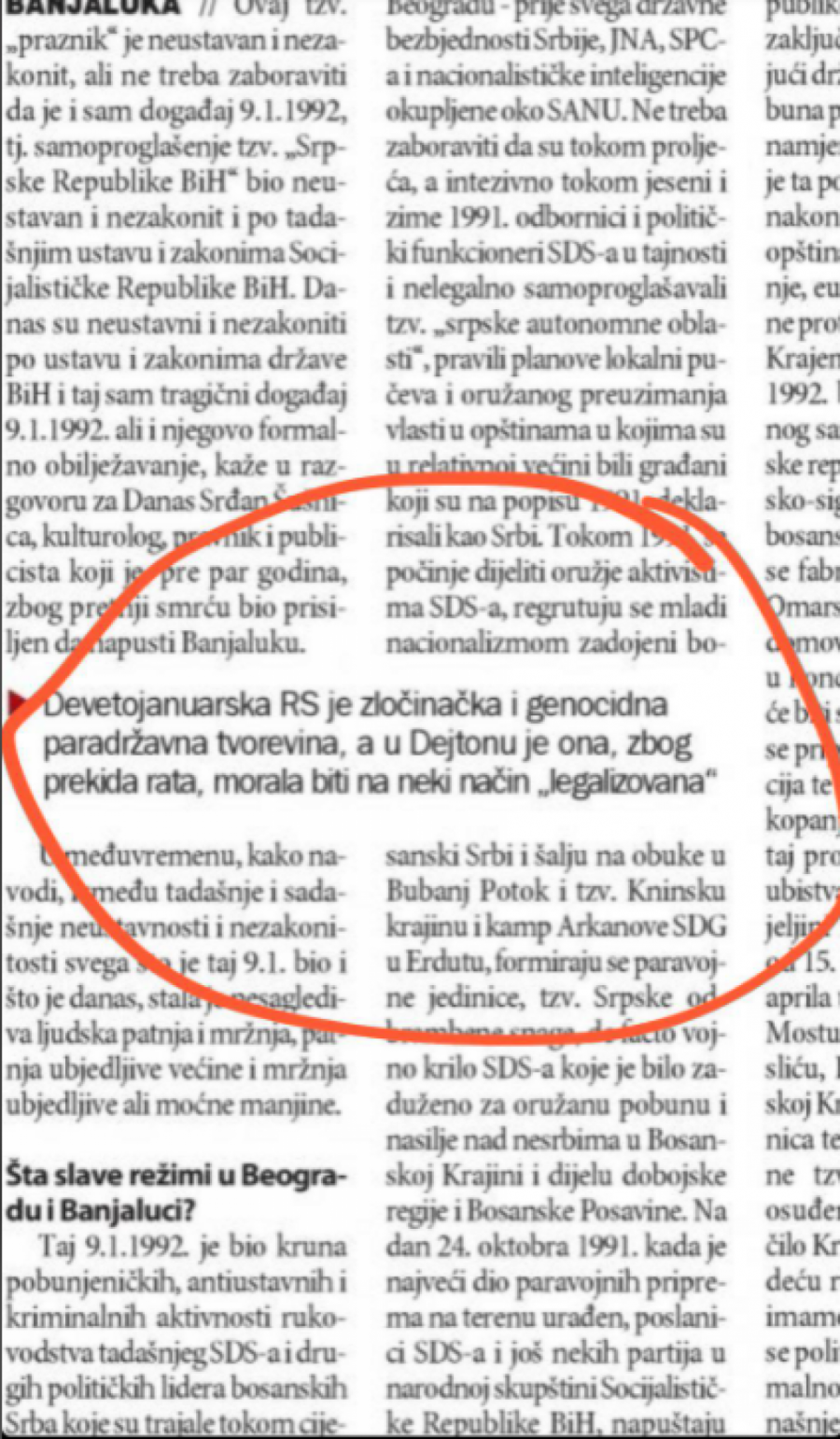 SRAMNO PISANJE ĐILASOVSKIH NOVINA: Gaženje srpskog naroda: Republika Srpska je genocidna, paradržavna tvorevina!
