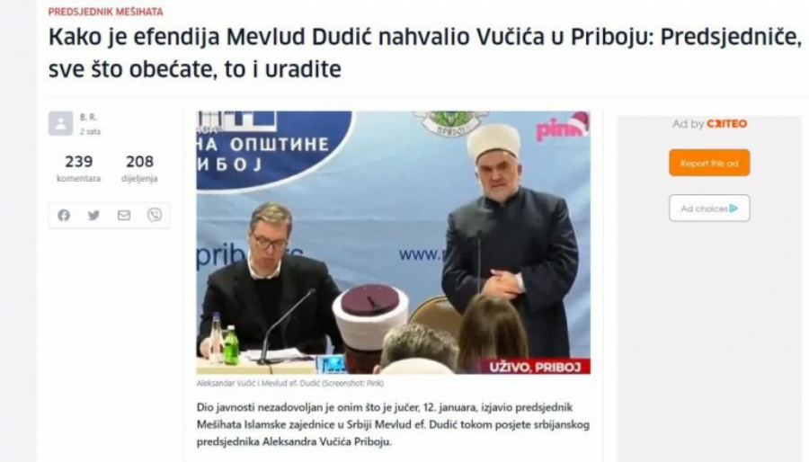 SRAMNA PISANJA BOSANSKIH MEDIJA Napadaju muftiju Dudića jer je hvalio Vučića (FOTO)