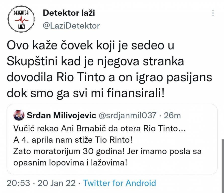 SRAMOTA! Žuti Milivojević proziva zbog Rio Tinta, a njegova vlast ih dovela u Srbiju! (FOTO)