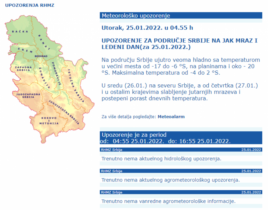 NEMOJTE IZLAZITI BEZ PREKE POTREBE! RHMZ Izdao upozorenje, još jedan ledeni dan, temperatura i do minus 17