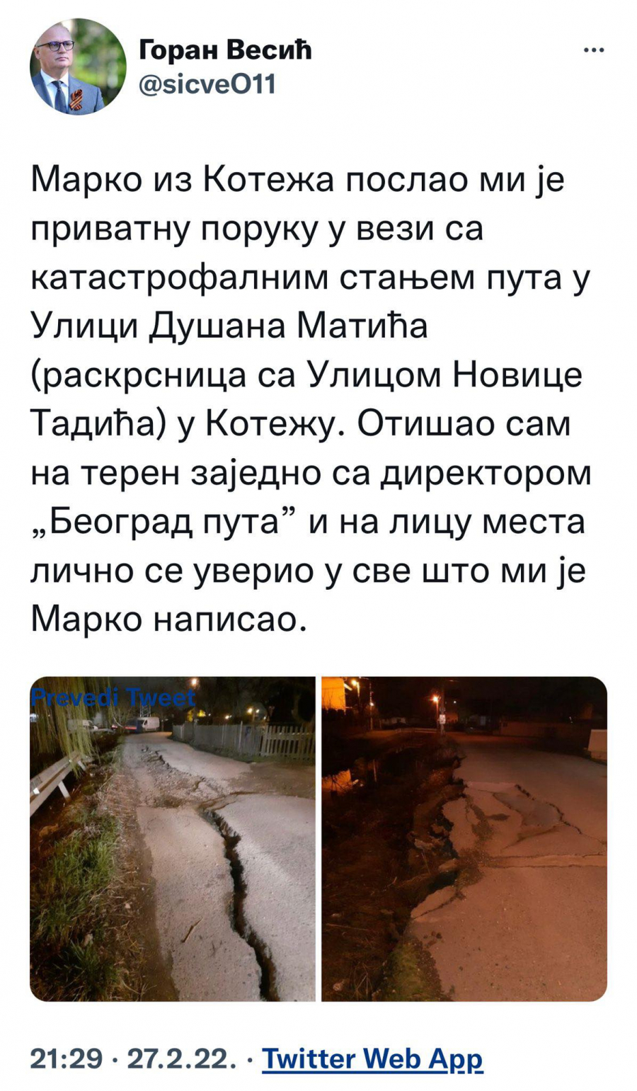 PROBLEM ĆE BITI REŠEN! Marko iz Koteža poslao sliku napukle ulice, Vesić odmah otišao NA LICE MESTA