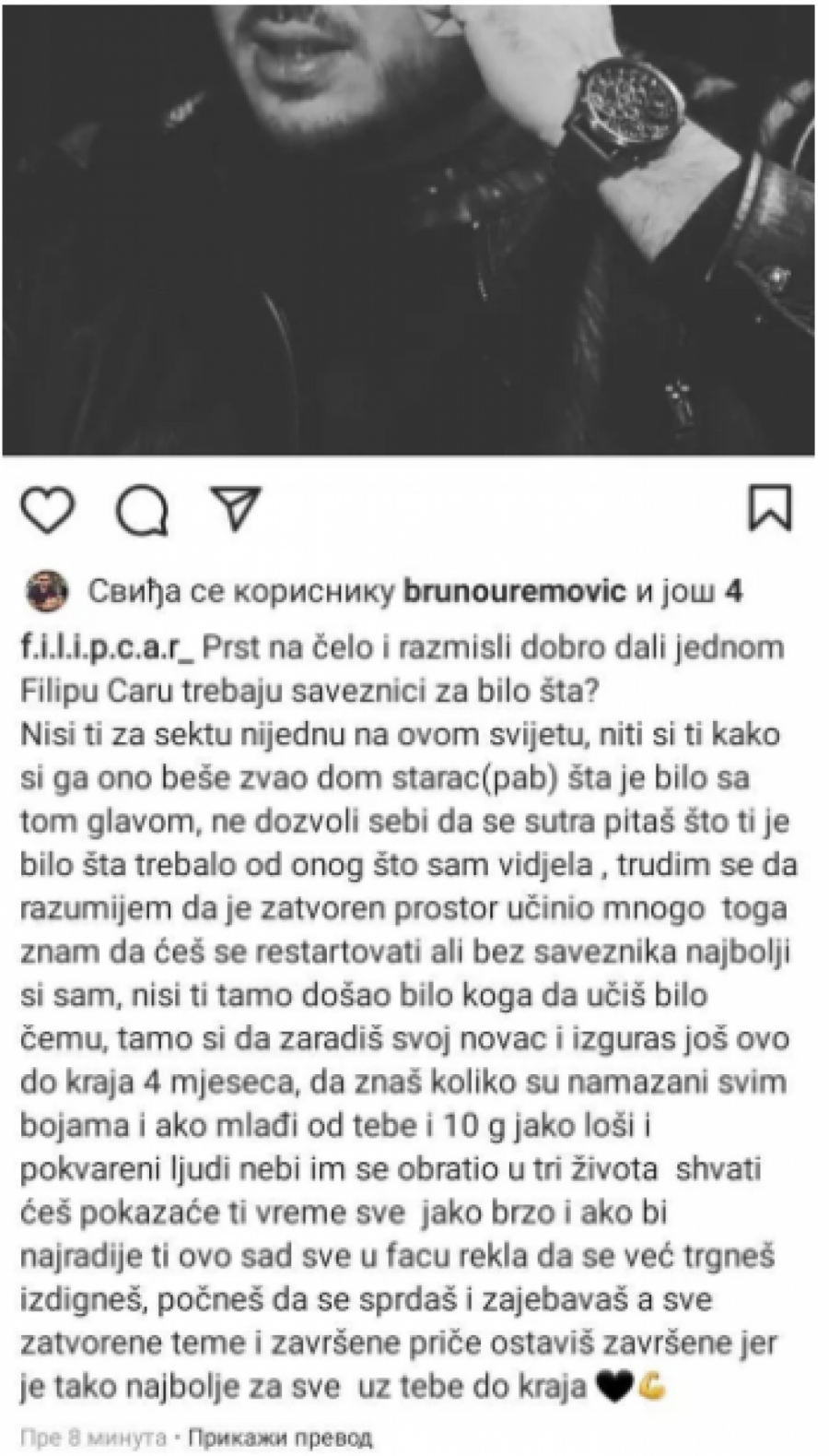 NISI TI ZA SEKTU NIJEDNU! Filipu Caru podrška na društvenim mrežama uputila snažnu poruku, a njegov najbolji drug Bruno stao iza svake reči!