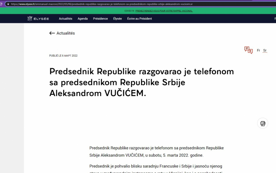 FRANCUSKA UKAZALA VELIKU ČAST SRBIJI Saopštenje na zvaničnom sajtu predsednika Makrona na srpskom (FOTO)