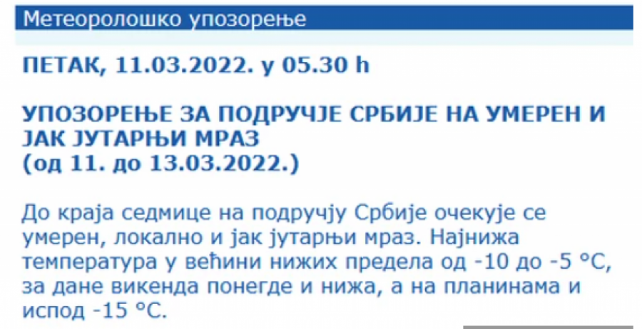RHMZ IZDAO UPOZORENJE Cela Srbija u narandžastom, prete 3 dana mraza!
