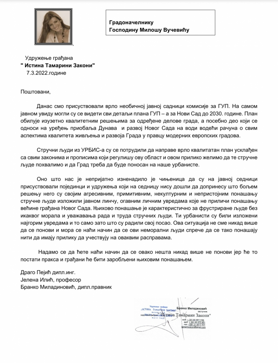 UŽASNUTI INCIDENTOM NA SEDNICI GUP-a u NOVOM SADU Udruženje „Istina Tamarini Zakoni“ poslalo pismo gradonačelniku Vučeviću