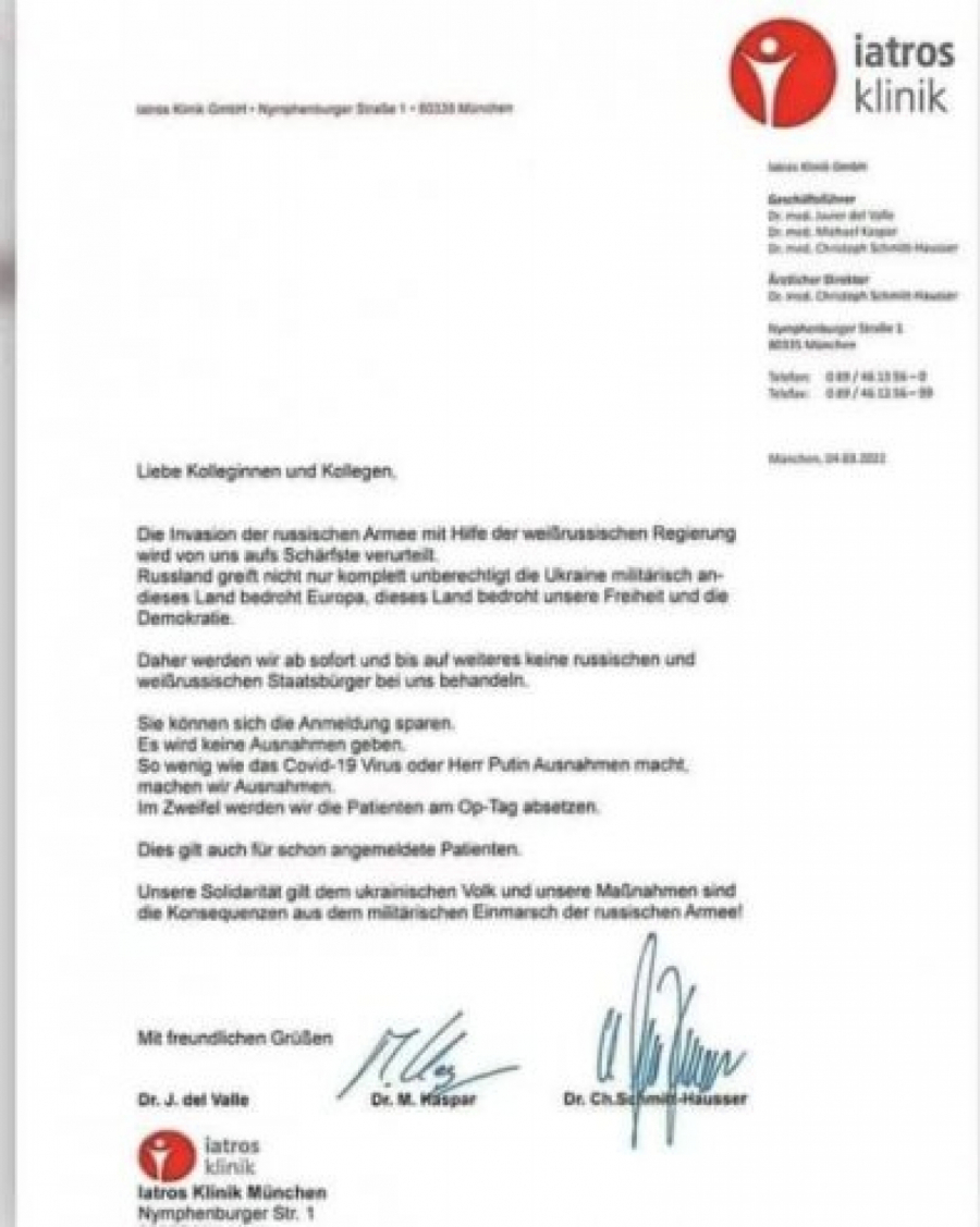 ZABRANJENO LEČENJE RUSA I BELORUSA Sramni dokument osvanuo je u jednoj privatnoj bolnici u Minhenu