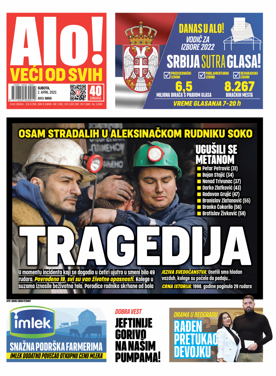 UŽAS U ALEKSINAČKOM RUDNIKU SOKO Osam rudara poginulo od posledica gušenja metanom